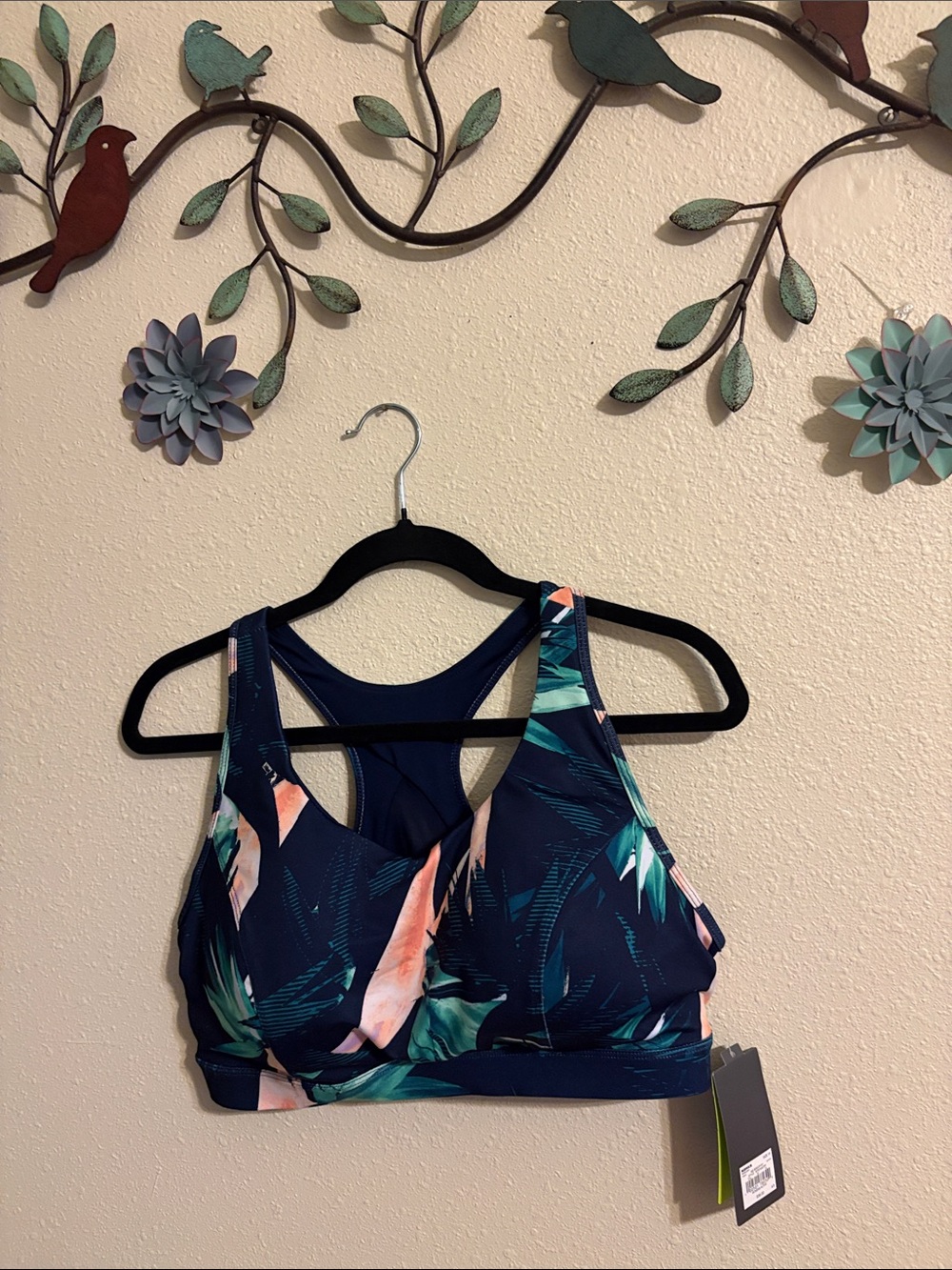 tek gear Navy Tropical-Print Racerback Sports Bra with Coral and Teal Accents